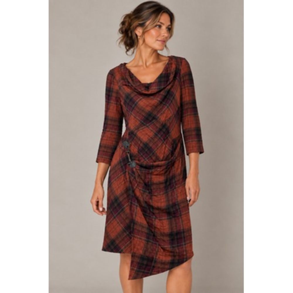 Peruvian Connection Dress Womens 2 Orange Plaid Cowl Neck Buckle Sheath Asym Hem